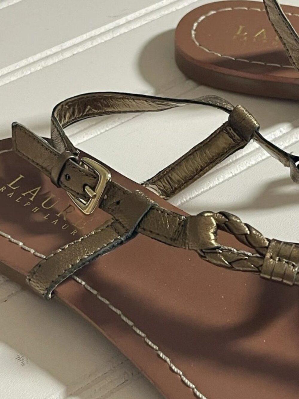 Lauren Ralph Lauren Leather Braided Slingback Thong Sandals Women's 5.5B Gold - Picture 7 of 12